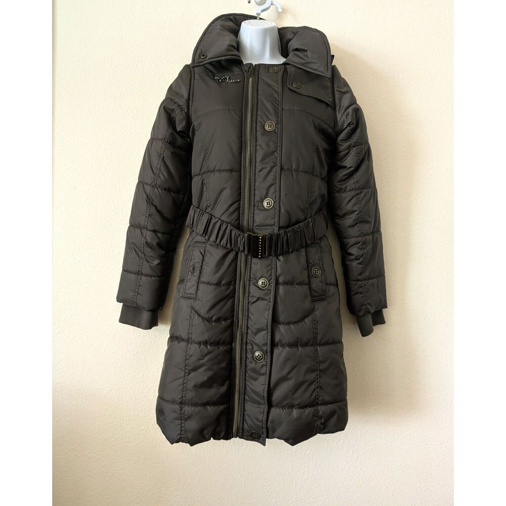 Rocawear Long Puffer Coat Black Belted Detachable Faux Fur Hood Winter